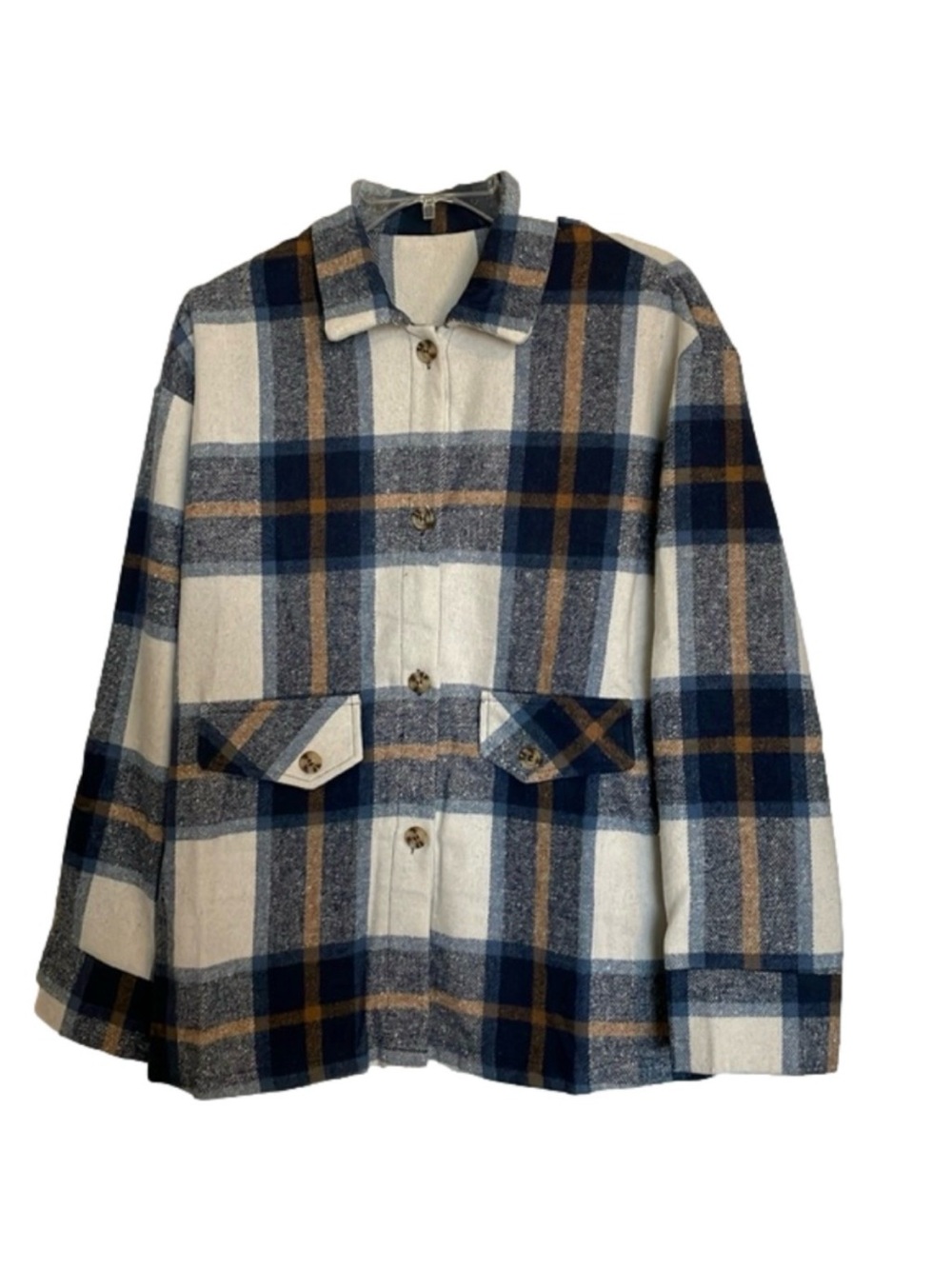 Plaid Design Button Down Shacket, Women’s M, Blue Brown White